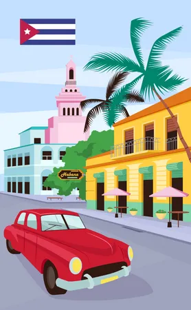 Voiture vintage rouge à La Havane  Illustration