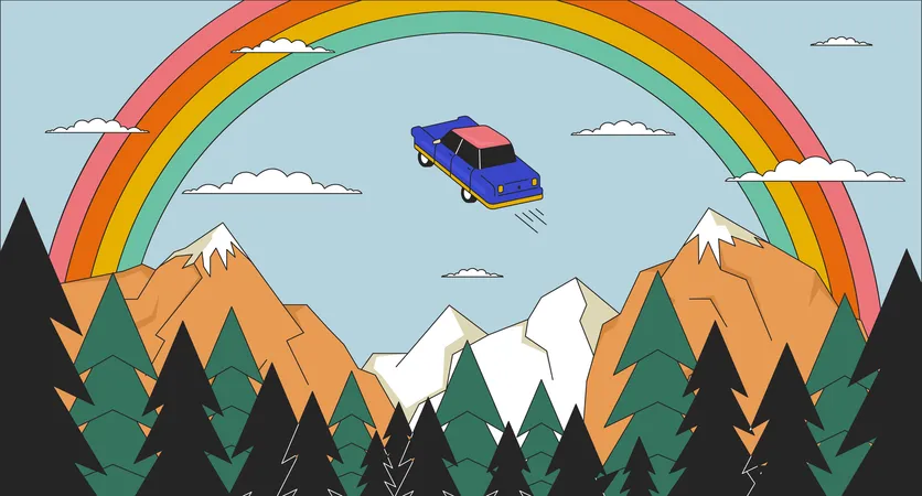 Voiture volante psychédélique dans un ciel arc-en-ciel  Illustration