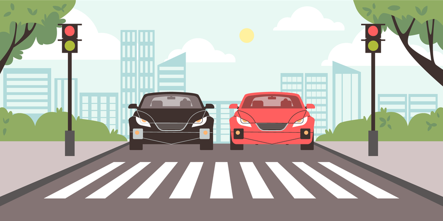 Voitures attendant un feu rouge dans un paysage urbain  Illustration