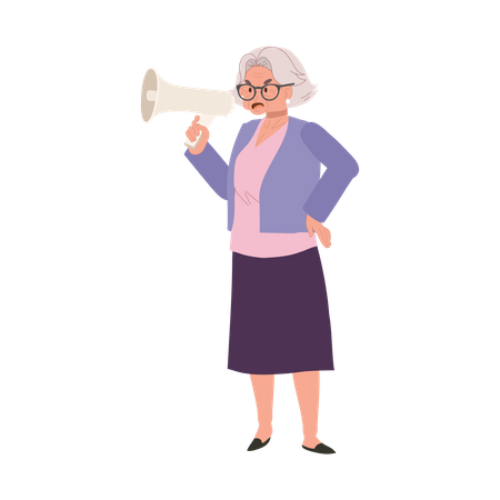 Une grand-mère âgée et vocale encourage la protestation avec un mégaphone  Illustration