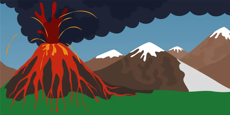 Concepto De Desastre Natural Volcan En Erupcion Arrojando Lava Cenizas De Polvo Y Rocas Cataclismo Dano Ambiental Ilustracion De Vector Aislado En Estilo De Dibujos Animados Ilustración