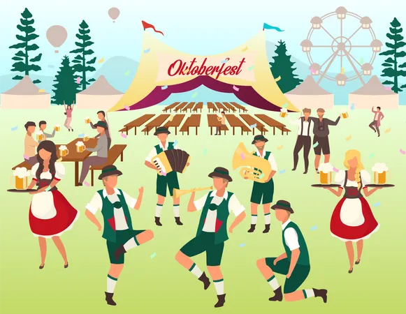 Oktoberfest Flat Vector Illustration Beer Tent Folk Music And Dances Beer Festival Visitors With Cups Of Alcohol Dancing Have Fun Waiters In National Costumes Volksfest Cartoon Characters Illustration