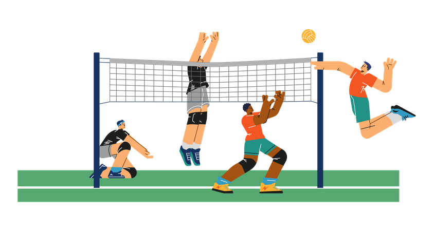 Volleyballspieler werfen den Ball über das Netz  Illustration