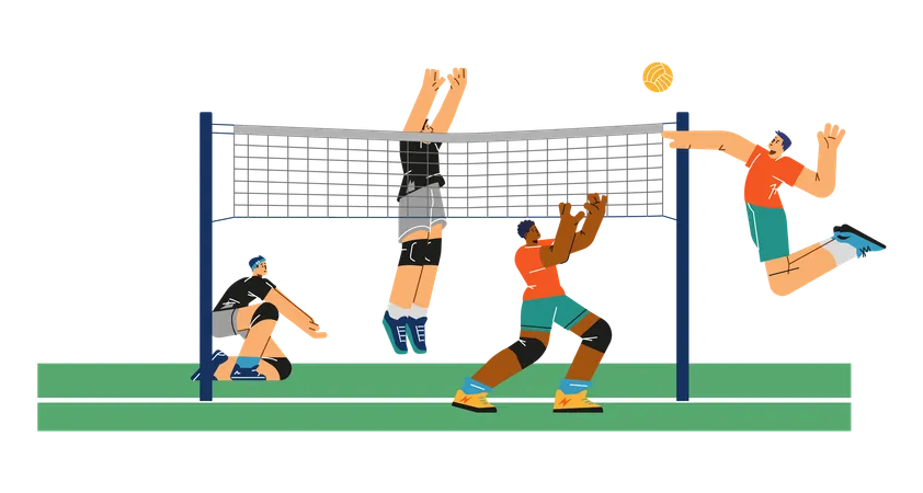 Volleyballspieler werfen den Ball über das Netz  Illustration
