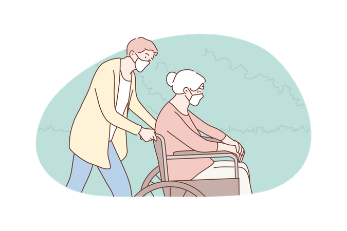 Voluntario ayudando a anciana discapacitada  Ilustración