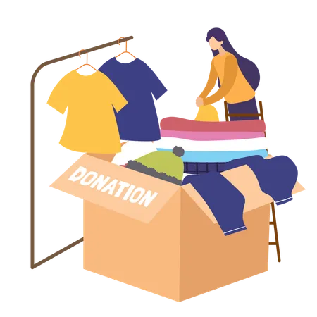 Voluntario organizando ropa para donación en una caja  Ilustración
