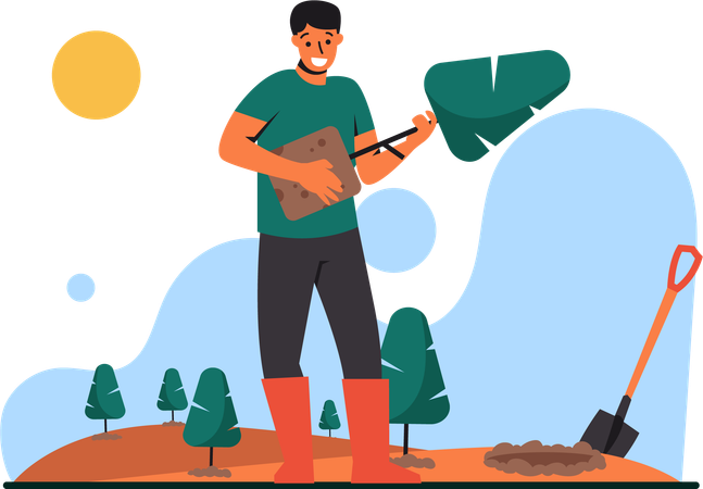 Voluntário carrega árvore para plantar no solo  Ilustração