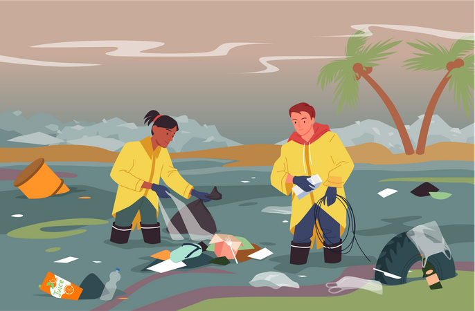 Voluntário coletando resíduos plásticos do rio  Ilustração