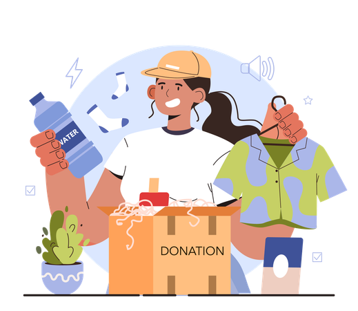 Voluntario con caja de donaciones  Ilustración