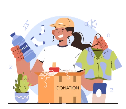 Voluntario con caja de donaciones  Ilustración