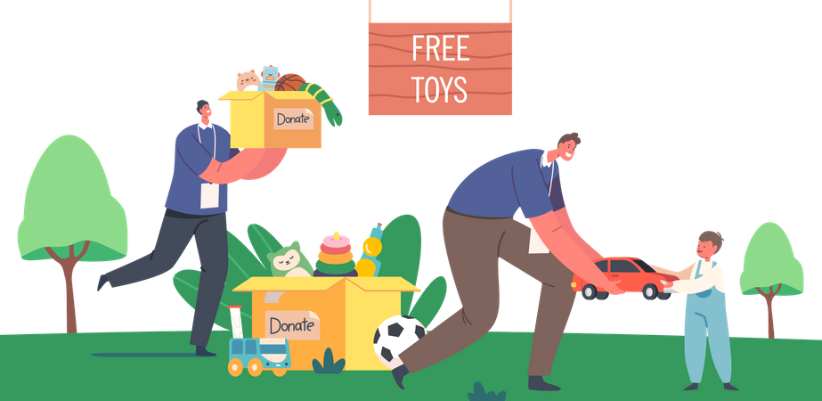 Voluntario lleva caja de donaciones con juguetes a niños huérfanos  Ilustración