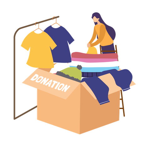 Voluntária organizando roupas para doação em uma caixa  Ilustração