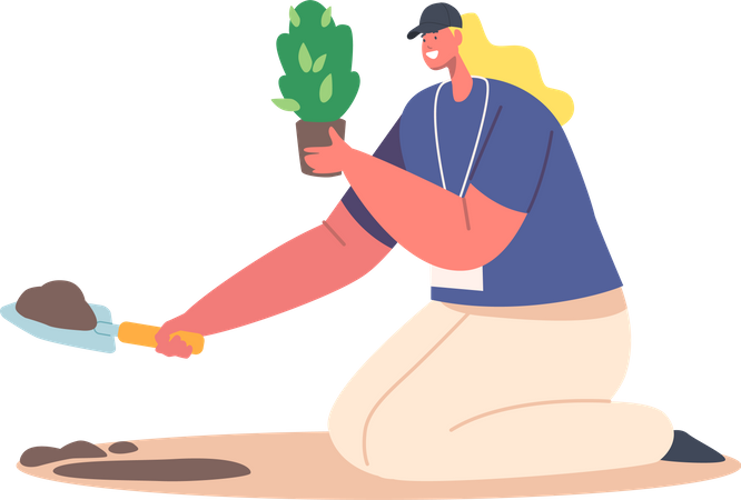 Voluntario plantando árboles en el suelo  Ilustración