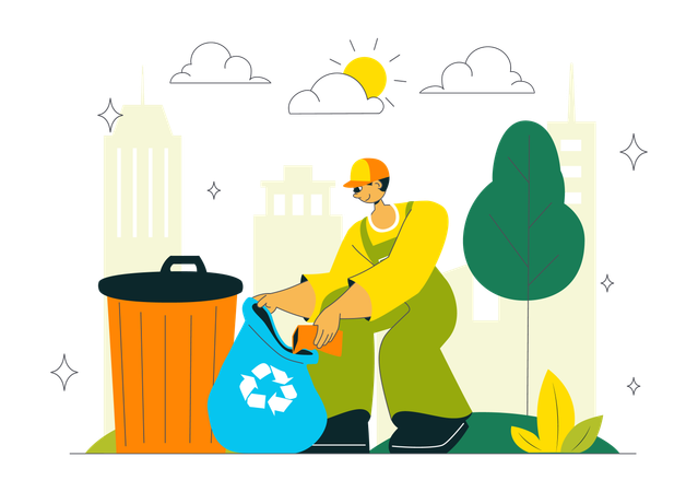 Voluntario recoge basura en contenedor  Ilustración