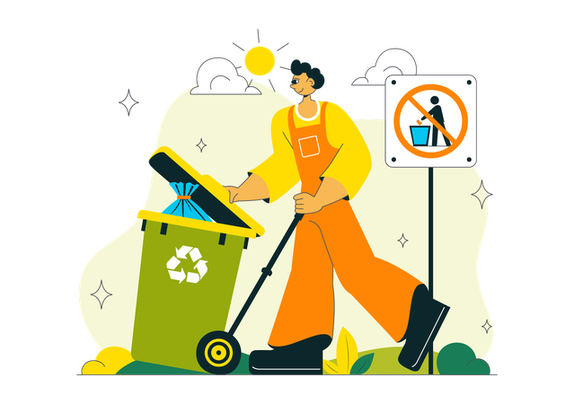 Voluntario recoge basura en el contenedor de basura  Ilustración