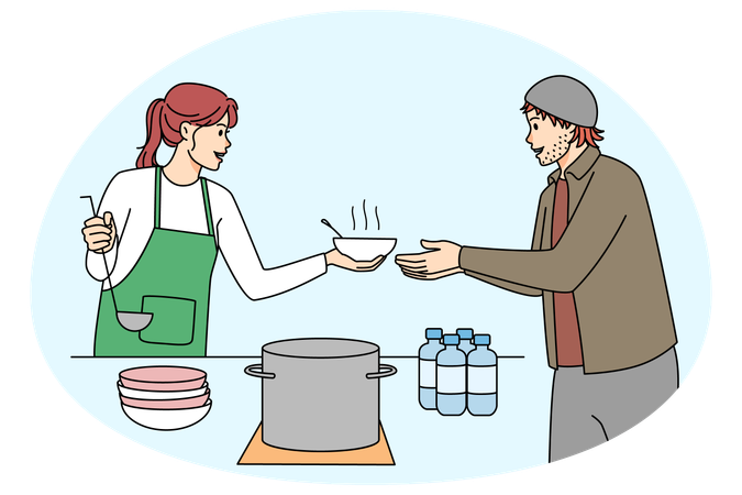 Voluntário servindo comida para moradores de rua pobres  Ilustração