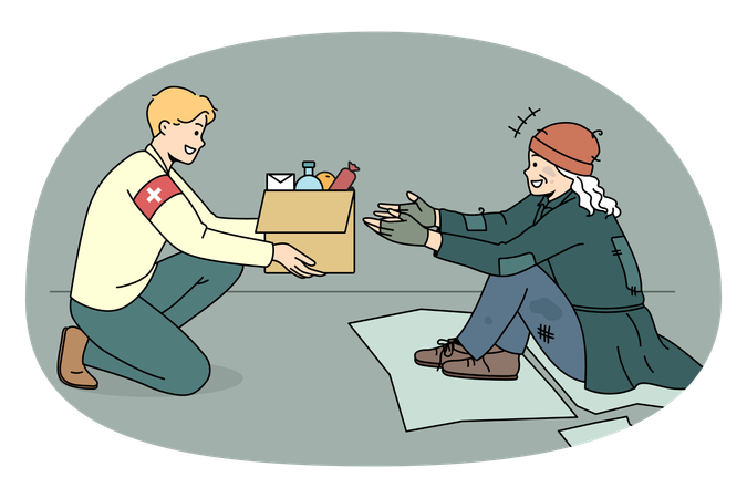 Un voluntario masculino cariñoso entrega una caja con comida a una persona pobre e infeliz al aire libre.  Ilustración
