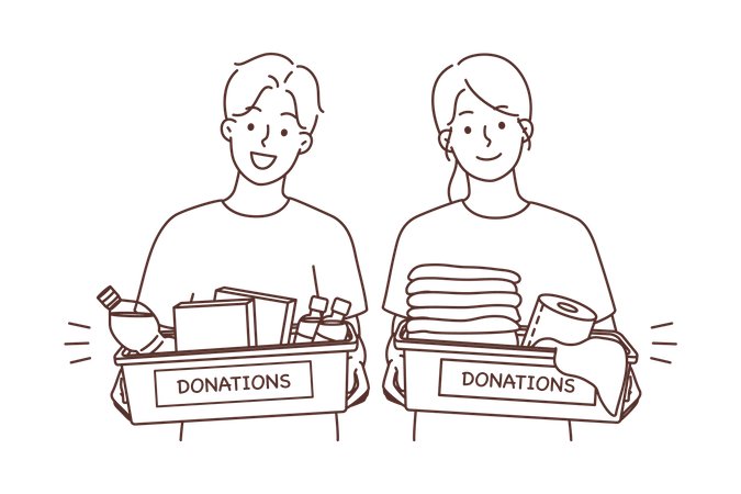 Voluntarios con cajas de donaciones.  Ilustración