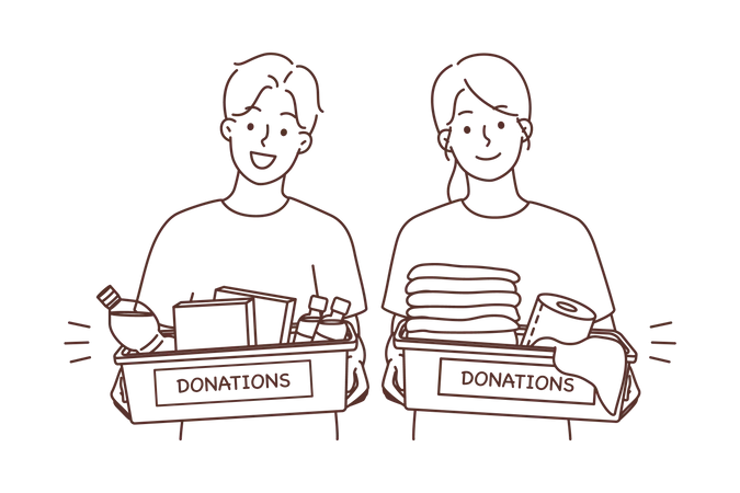 Voluntarios con cajas de donaciones.  Ilustración