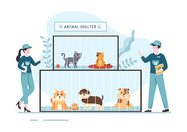 Voluntários dando comida para animais de estimação  Ilustração