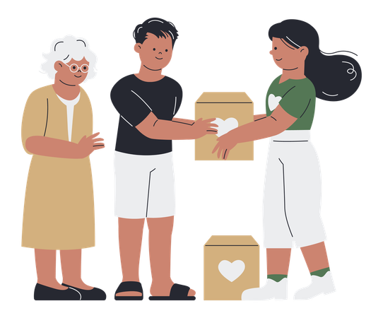 Voluntarios donan cajas a la familia de una anciana.  Ilustración