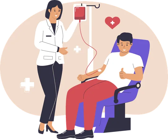 Voluntarios donando sangre sentados en sillas  Ilustración