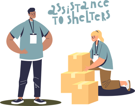 Voluntarios empacando cajas para donación  Ilustración