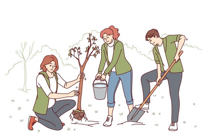 Los voluntarios están plantando árboles.  Ilustración