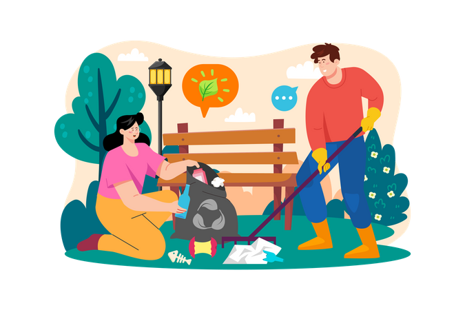 Los voluntarios están recogiendo basura en el parque.  Ilustración