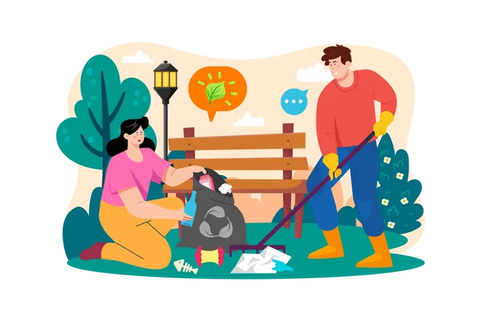 Los voluntarios están recogiendo basura en el parque.  Ilustración