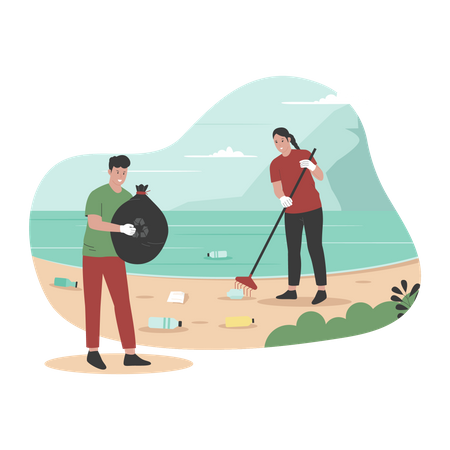 Voluntarios limpiando la playa de basura.  Ilustración