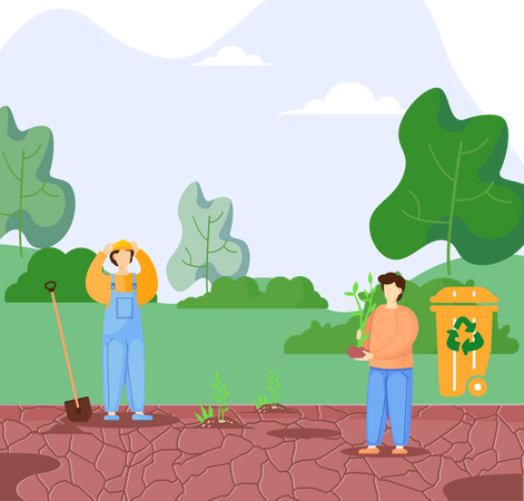 Voluntarios plantan árboles en tierra seca  Ilustración