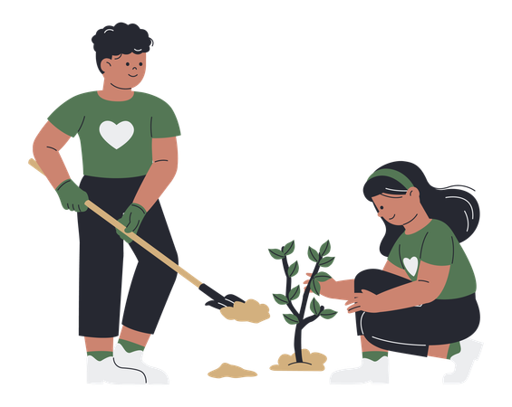 Voluntários plantando a árvore  Ilustração