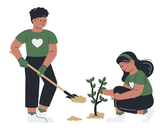 Voluntários plantando a árvore  Ilustração