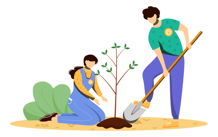 Voluntarios plantando arboles  Ilustración