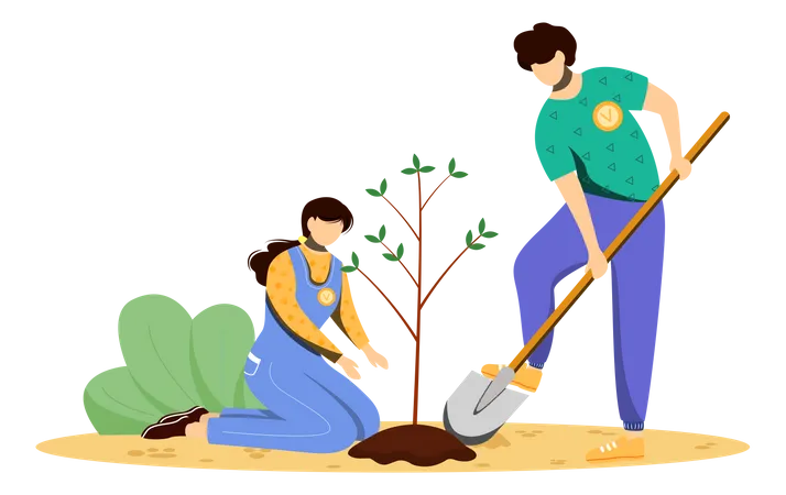 Voluntarios plantando arboles  Ilustración