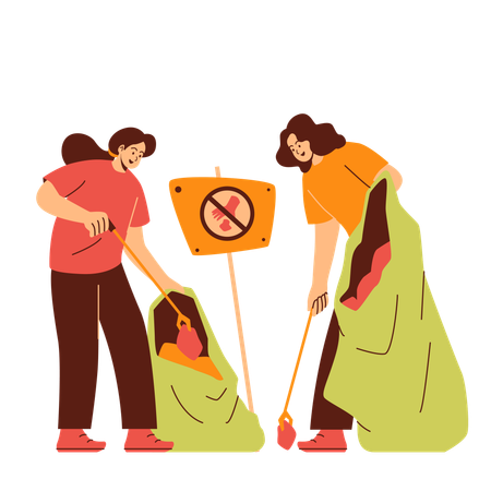 Voluntarios recogiendo basura plástica  Ilustración