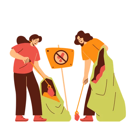 Voluntarios recogiendo basura plástica  Ilustración