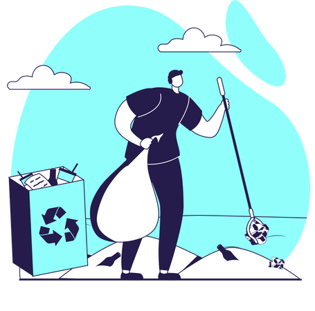 Voluntários recolhem o lixo e o descartam em recipientes para reciclagem.  Ilustração