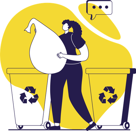 Voluntários recolhem o lixo e o descartam em recipientes para reciclagem.  Ilustração