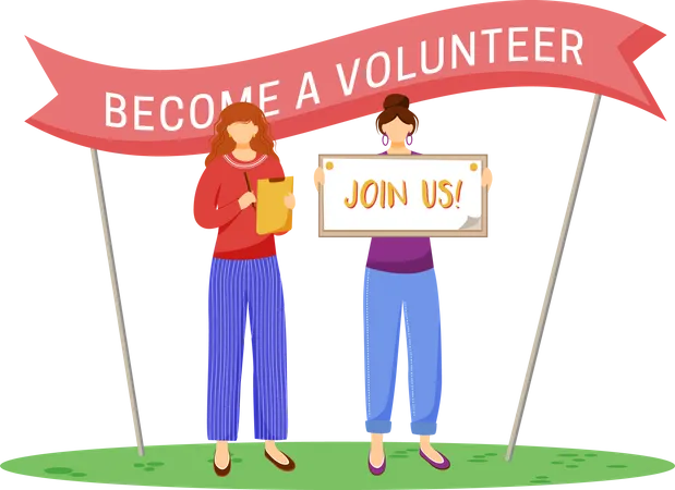 Voluntary Agitation Flat Vector Illustration Selfless Social Activists Community Service Workers Isolated Cartoon Characters On White Background Young Volunteers Searching For New Recruits 일러스트레이션