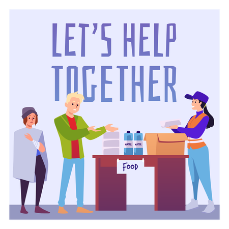 Volunteer activist giving food and water to the needy humanitarian help and support for sufferer  Illustration