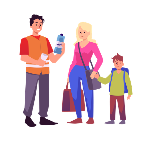 Volunteer activist giving food and water to the needy woman with child  Illustration