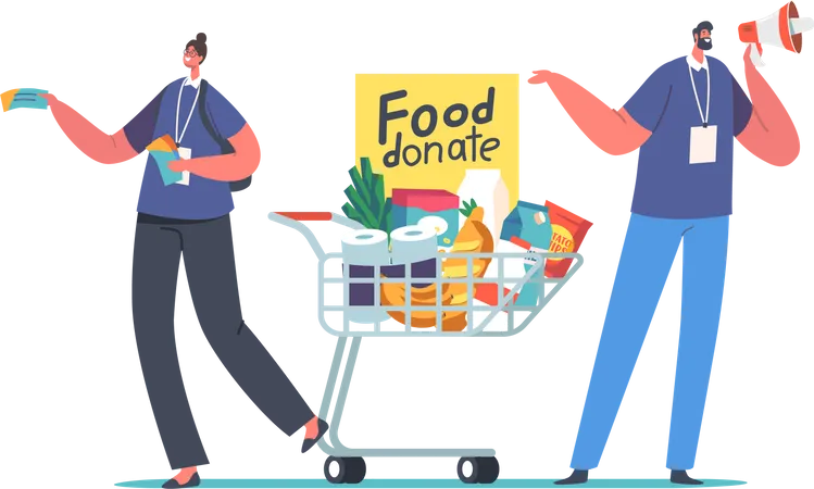 Volunteer Collect Foodstuffs for Donation Box Illustration