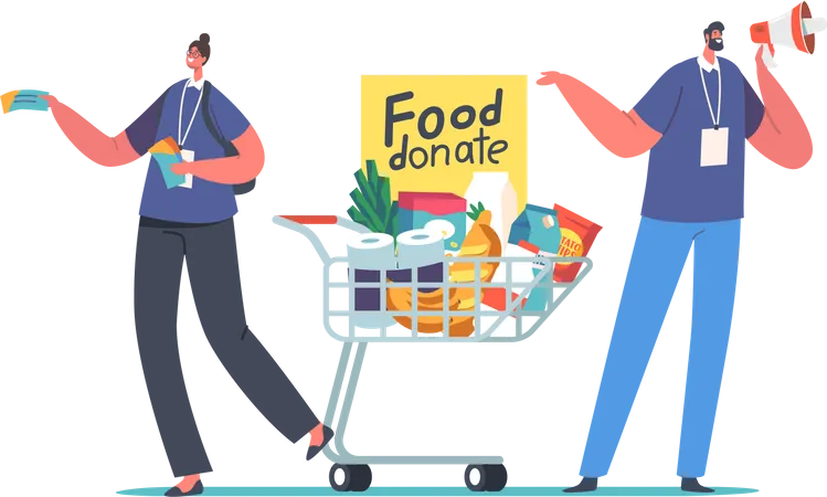 Volunteer Collect Foodstuffs for Donation Box  Illustration