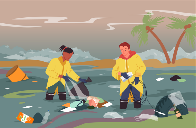 Volunteer collecting plastic waste from river  イラスト