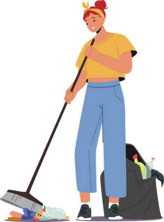 Volunteer Female Cleaning Garbage Illustration