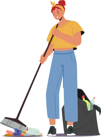 Volunteer Female Cleaning Garbage Illustration
