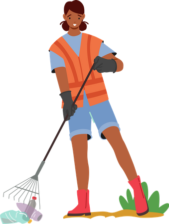 Volunteer Female Cleaning Garbage on Beach Illustration