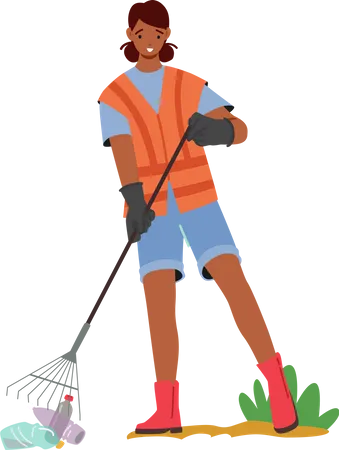 Volunteer Female Cleaning Garbage on Beach  Illustration